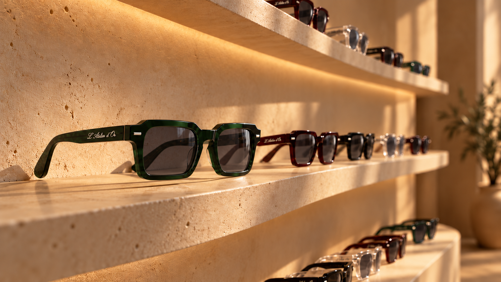Présentoir de la boutique L'Atelier d'Or, lunettes alignées sur une étagère de travertin.
