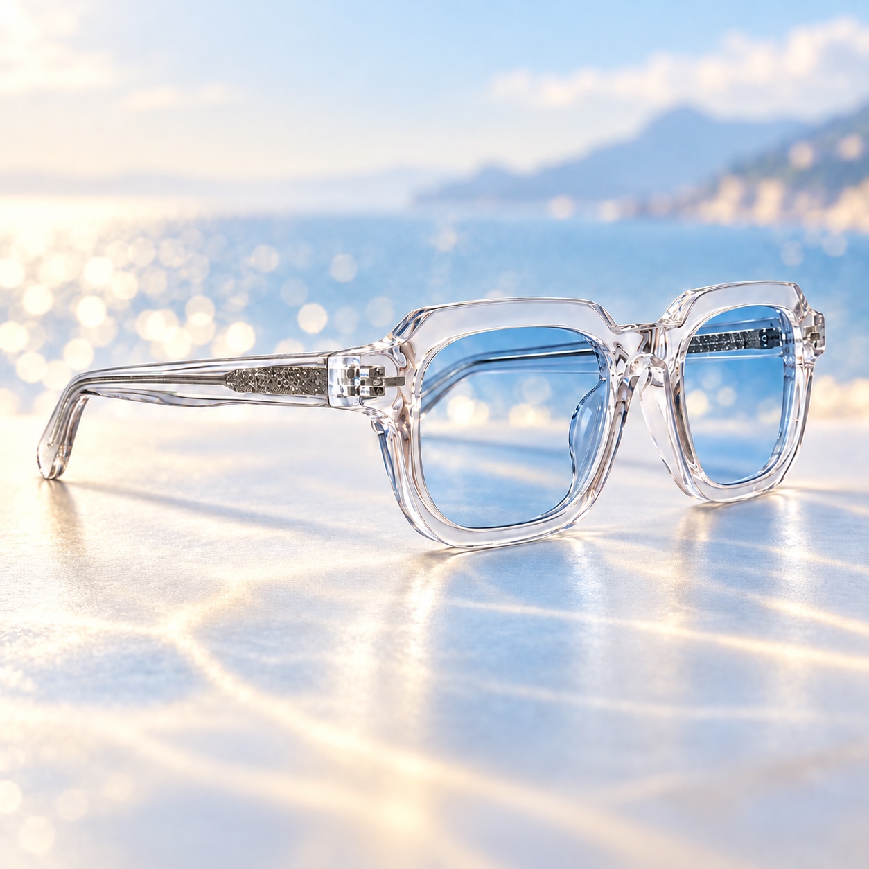 Roi Cristal — Monture transparente à verres légèrement teintés bleu clair.