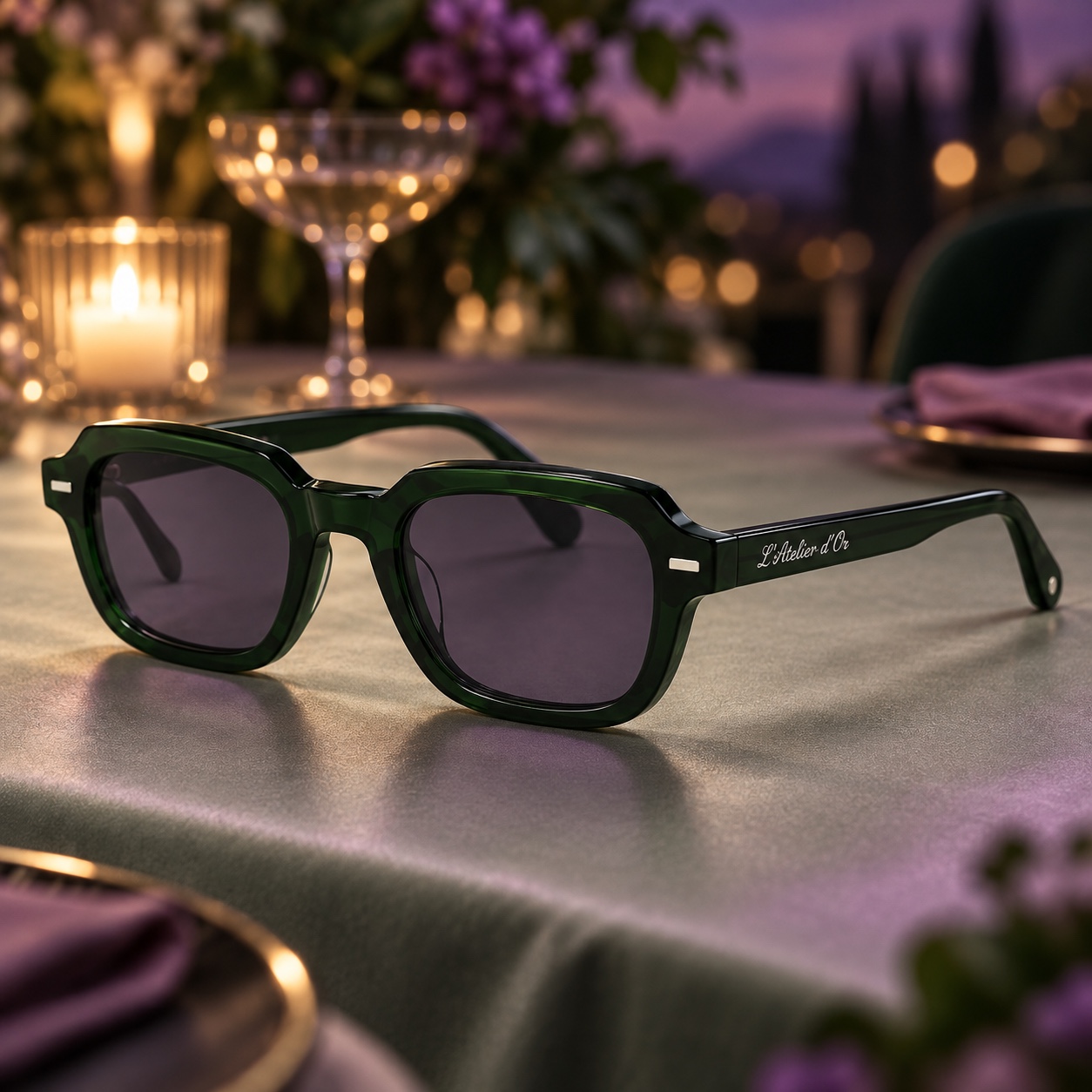 Roi Émeraude — Monture vert foncé à verres teintés vert-violet.